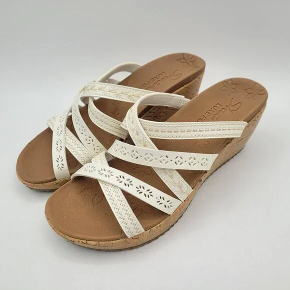 Skechers Beverlee Tiger Posse Sandals Luxe Foam Women's Sz 6 Wedge Strappy White - Picture 1 of 15